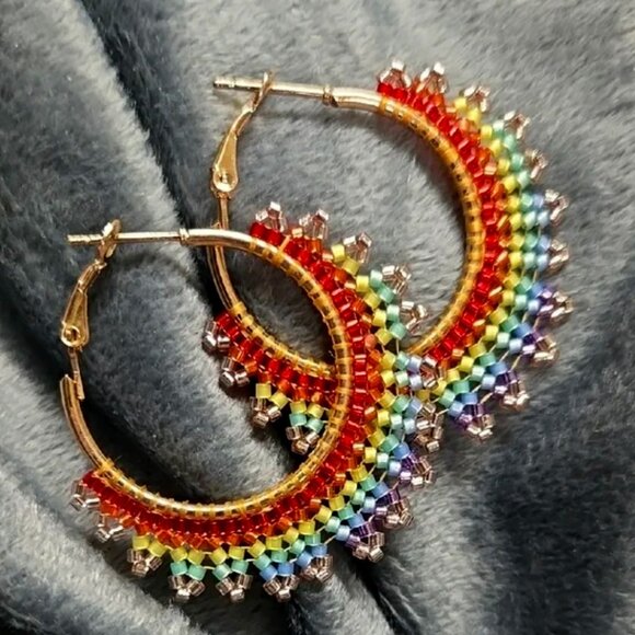 Super Cute & Colorful Rainbow Beaded Hoop Earrings Just the right sparkle - Picture 1 of 4